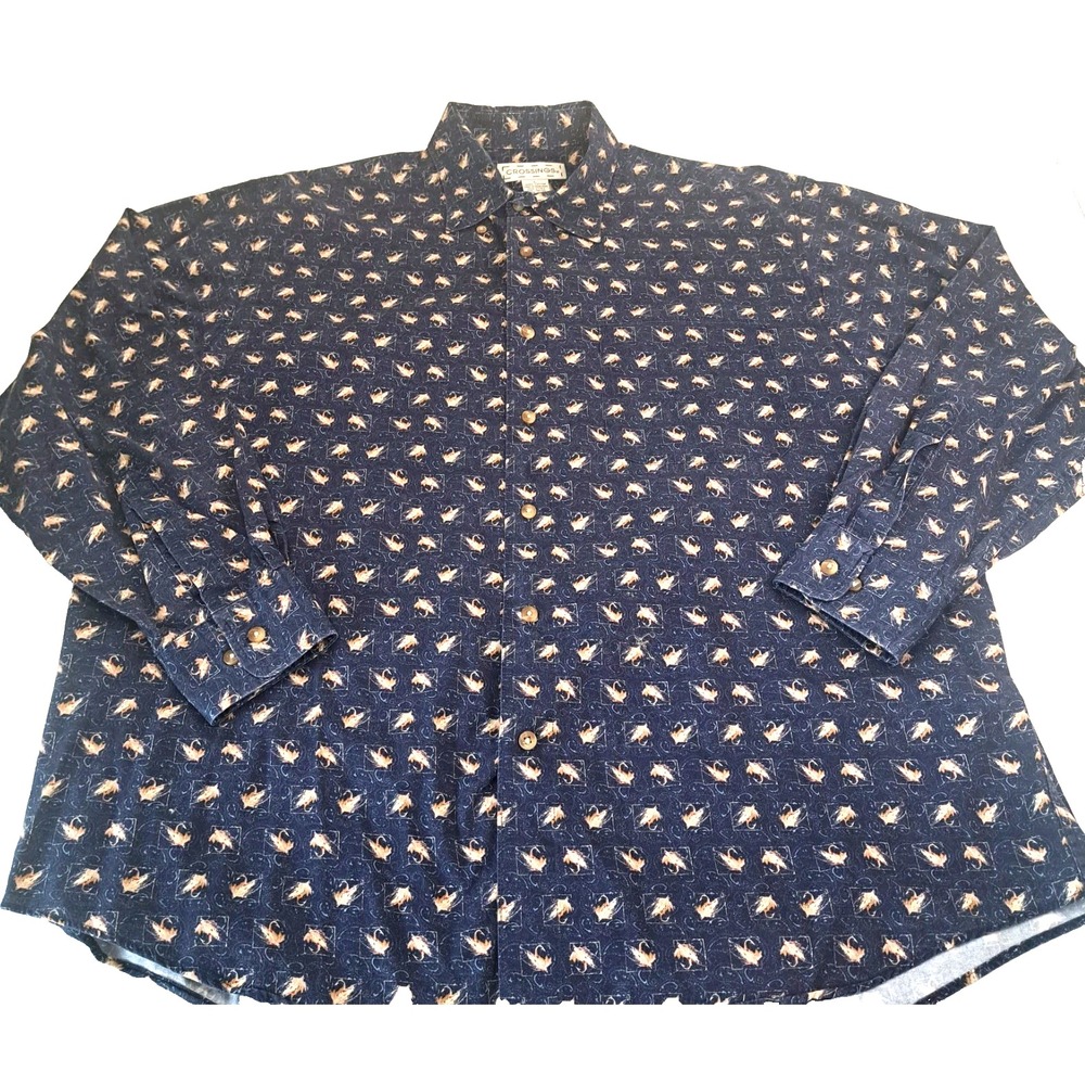Vintage CROSSINGS‎ Fly Fishing All-Over Print Shirt Men's L 100% Cotton Outdoors